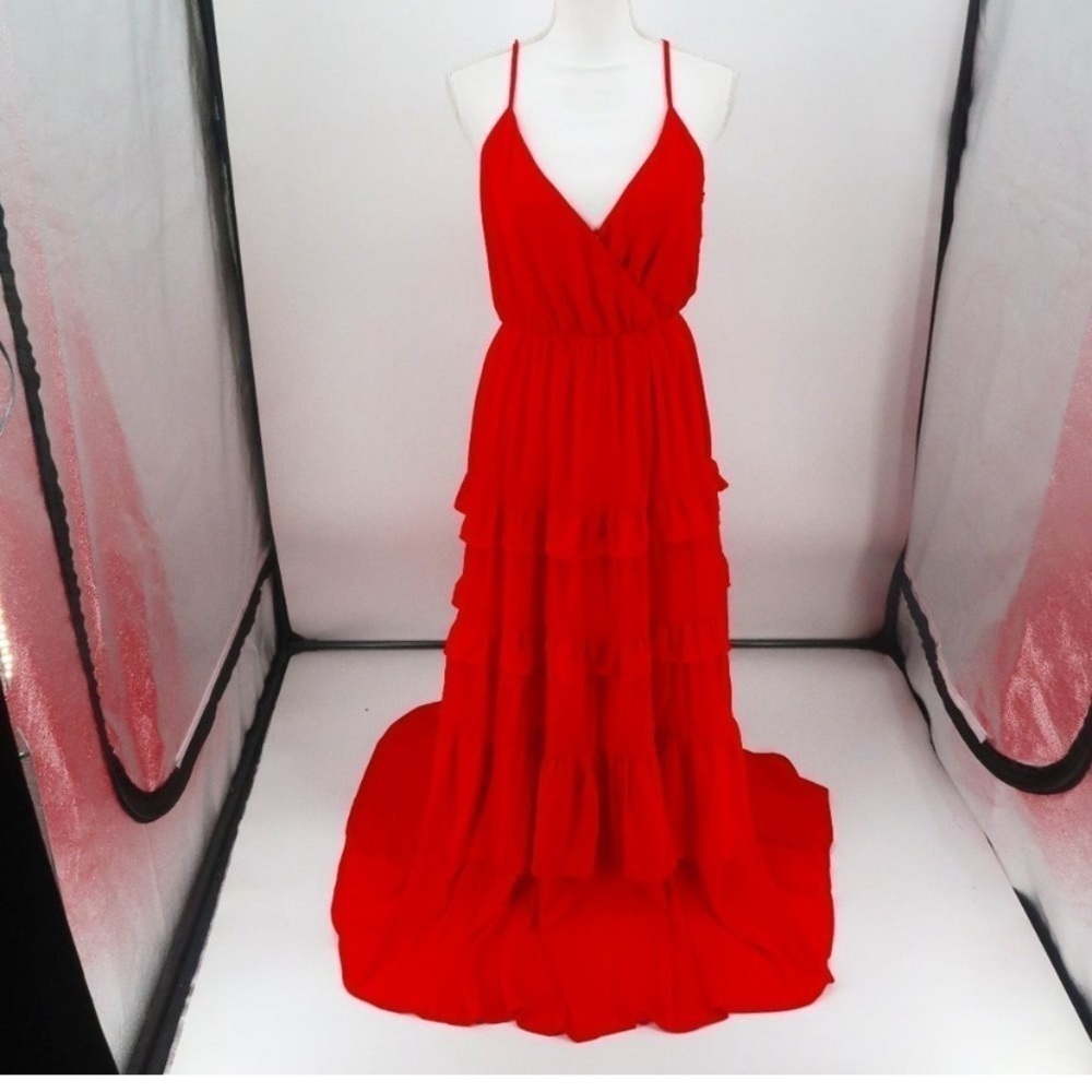 Flying Tomato Cherry Red Chiffon tiered ruffled Maxi dress Small - Picture 2 of 9